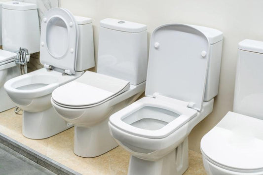 A row of porcelain toilets